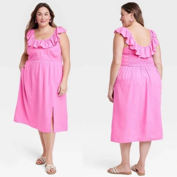 ✨NWT Ava & Viv Pink Ruffle Neck Empire Waist Midi Dress Women's Plus Size XXL - Picture 1 of 12